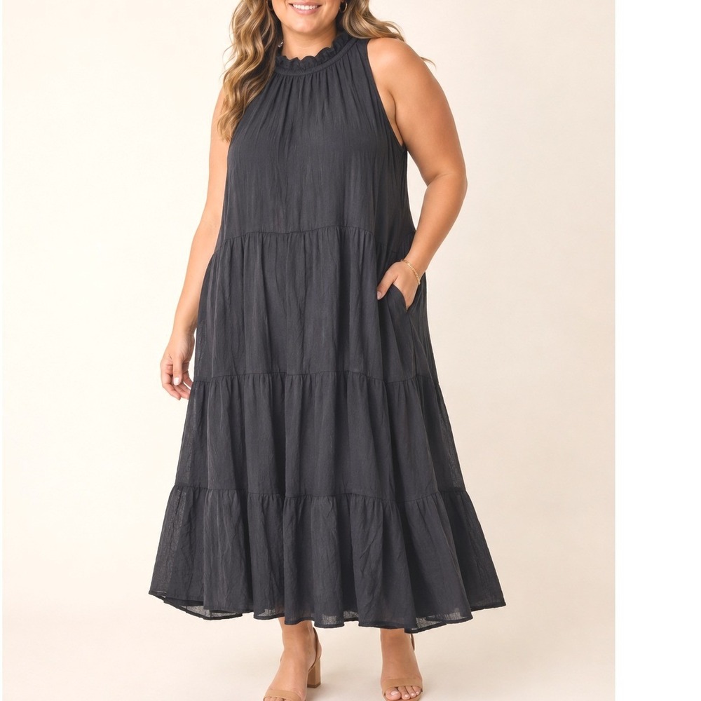 Torrid Black Crinkle Gauze Ruffle Neck Tiered Maxi Dress Plus Size 4 4X 26 NEW